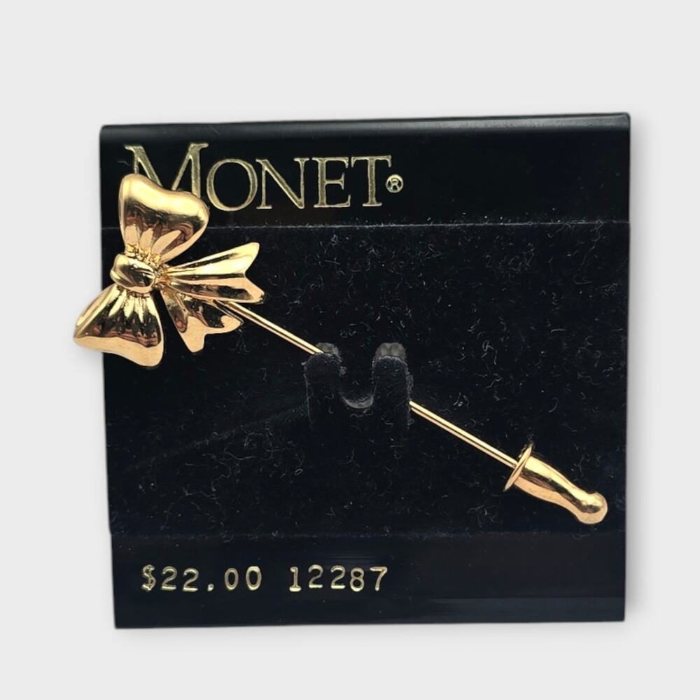 Monet Gold Bow Stick Pin Brooch Original Card Vintage Classic Elegance